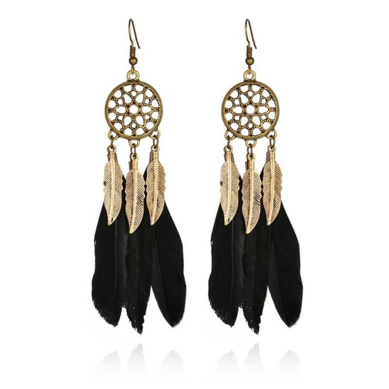 Fashion 1Pair Beautiful Women And Girl Feather Drop Earring Leaf Hollow out Vintage Bohemia Boho Feather Tassel Dreamcatcher