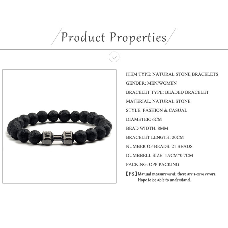 Natural Black Volcanic Lava Stone Dumbbell Bracelet black Matte Beads Bracelets For Women Men Fitness Barbell Jewelry Pulseras