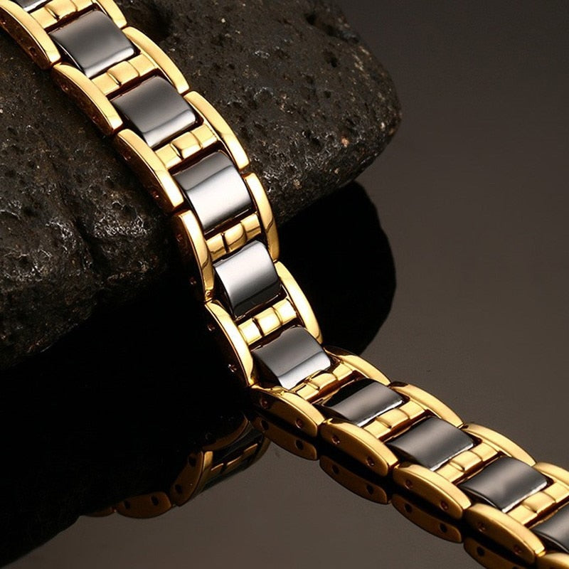 Vinterly Healing Energy Magnetic Hematite Bracelet Male Gold Color Stainless Steel Hand in Black Ceramic Bracelets Men