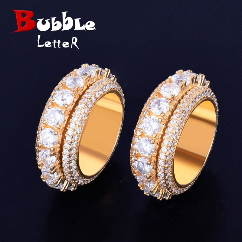 Rotating Men Ring Copper Charm Gold Color Cubic Zircon Fashion Hip Hop Jewelry