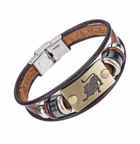 Hot Fashion 12 Zodiac Signs Bracelet for Men Women Stainless Steel Clasps Genuine Leather Bracelet Men Jewelry