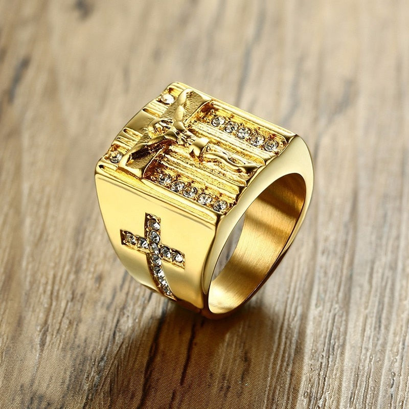 Vnox Punk Jesus Christ Cross Chunky Ring for Men Stainless Steel Crystals Religion Prayer Male Hip-hop Jewelry Gold Color