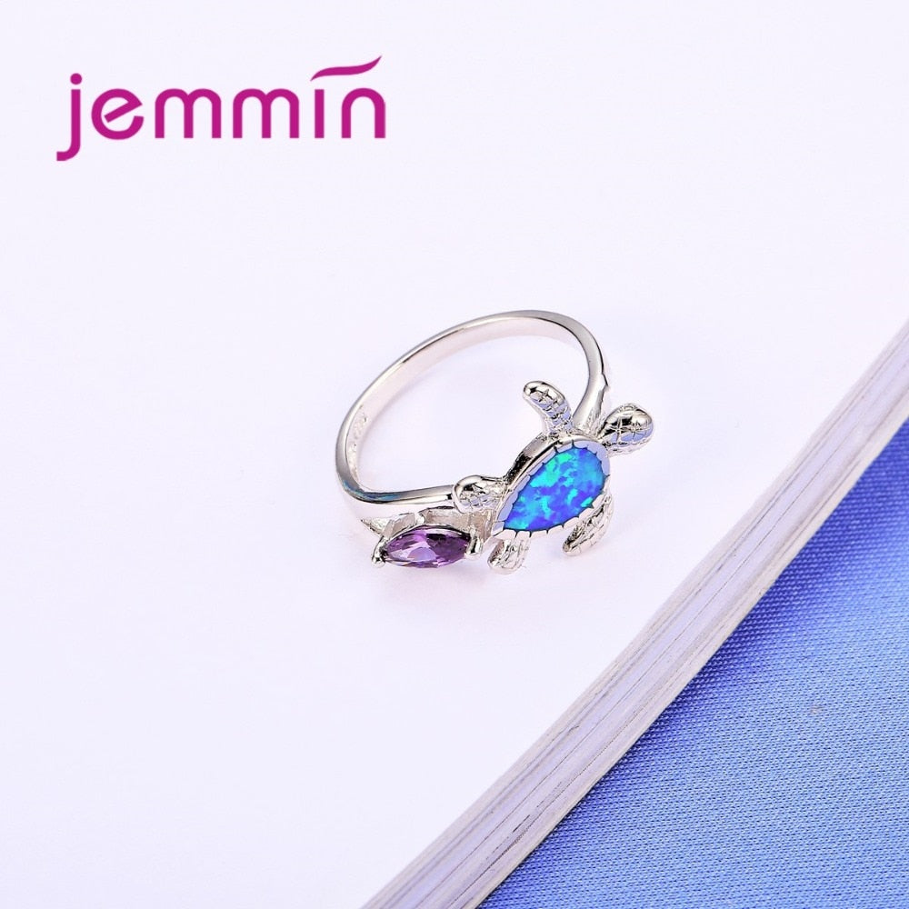 Fire Opal Ring Blue and Purple Color wedding Band luxury Turtle jewelry 925 Sterling Silver Ring for Women