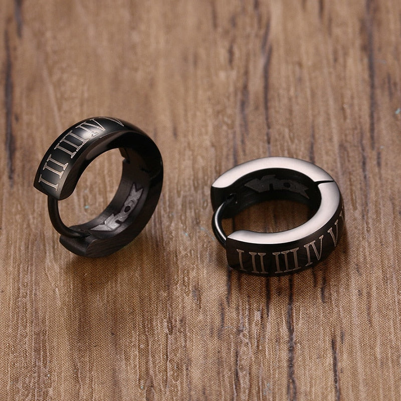 Vnox Punk Black Hoop Earrings for Men Roman Numerals High Quality Stainless Steel Male Jewelry