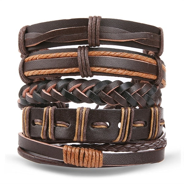 Vintage Leather Bracelet Fashion Hand-knitted Multi-layer Leather Feather Leaf Bracelet and Fashion Men's Bracelet Gift