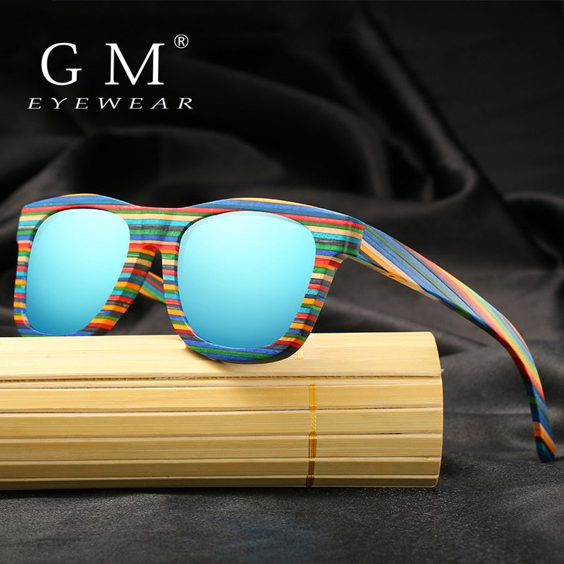 GM Handmade Wooden Colorful frame Sunglasses Polarized Gafas Eyewear Eyeglasses Reflective lens Men Women Bamboo sunglasses