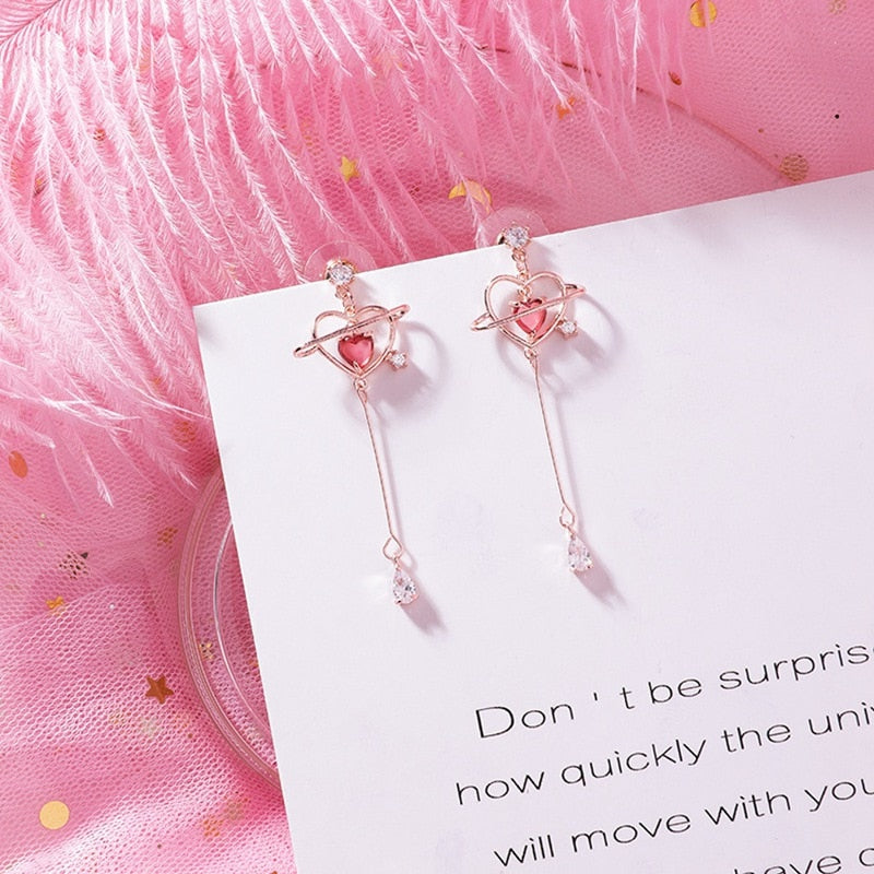 MENGJIQIAO New Elegant Geometric Heart Crystal Long Drop Earrings For Women Cute Delicate Zircon Party Pendientes Jewelry Gifts