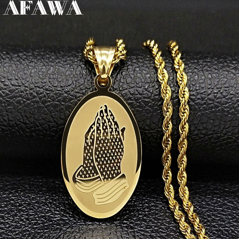 Praying Hands Jesus Stainless Steel Necklace for Women Gold Color Hip Hop Necklaces Pendants Jewelry joyas