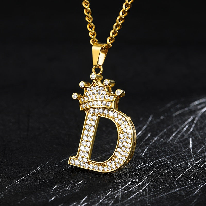 Crystal Crown Letter Men Rap Pendant Zircon Alphabet Necklaces For Women Neck Choker Necklace Hip Hop Jewelry Femme Gift