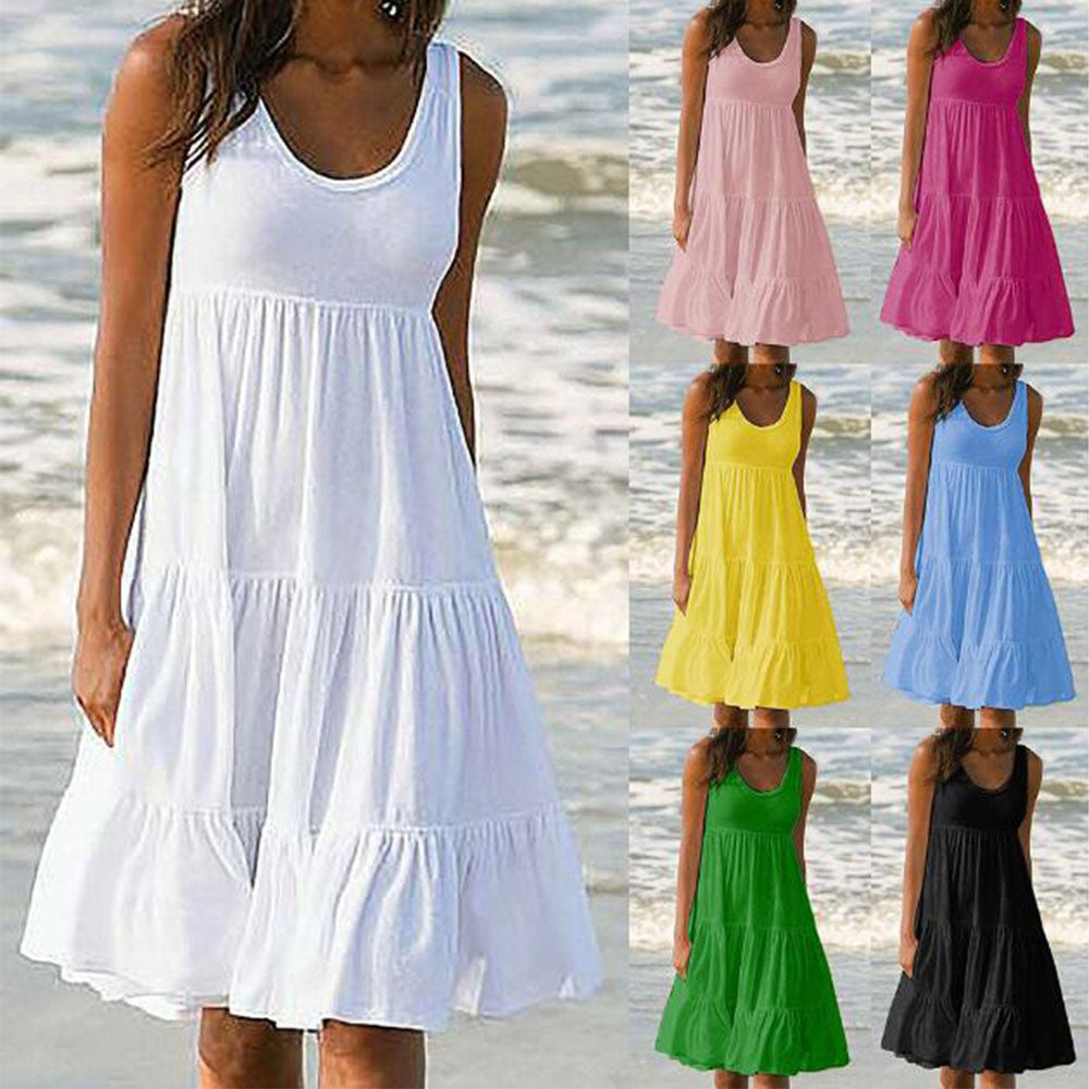 Jocoo Jolee Women Causual O Neck Sleeveless Ruffles Mini Dress Boho Solid Beach Sundress Oversized Loose Dress Summer