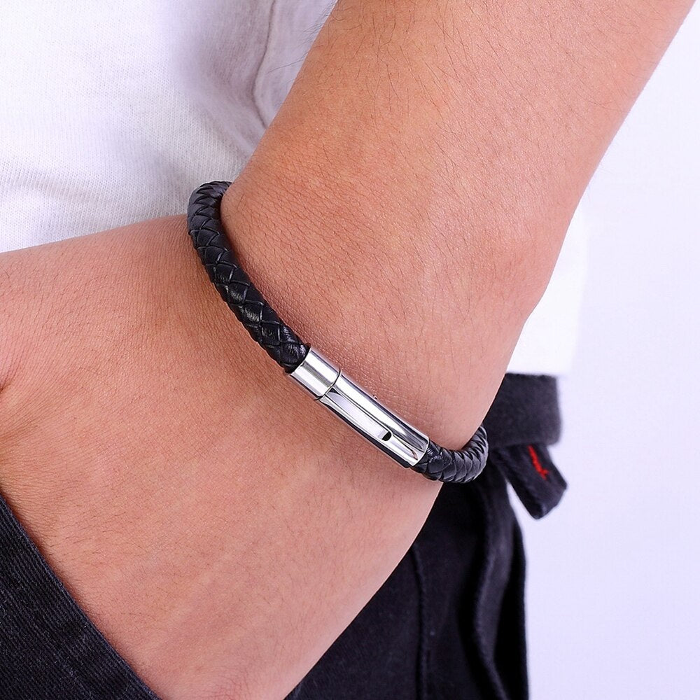 Style Multicolor Stainless Steel Button Simple Design Men's Leather Bracelet DIY & Custom Logo Birthday Valentine's Gift