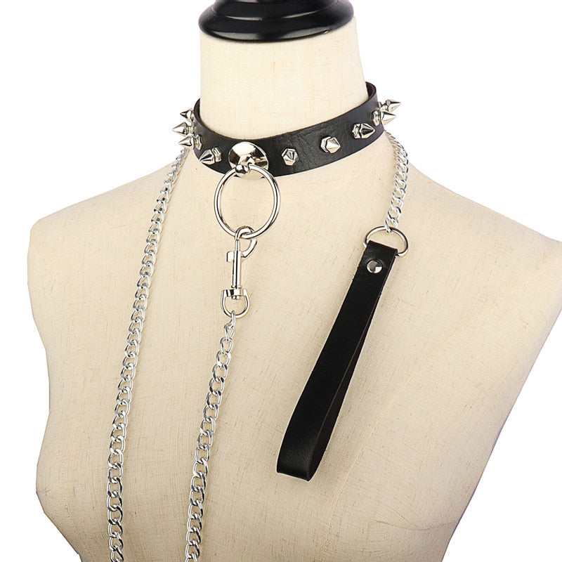 DIEZI Punk Harajuku Cosplay Sexy PU Leather Men Silver Color Necklace Women Gothic Circle Necklace Body Jewelry
