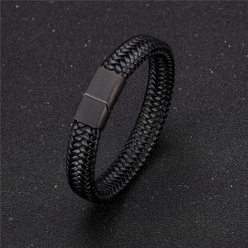 MKENDN Punk Men Leather Bracelet Black Stainless Steel Magnetic Clasp Braided Woven Bangle Pulseras lovers