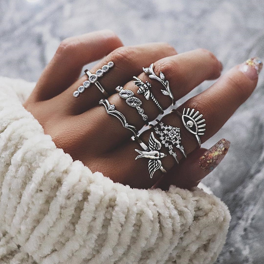 Vintage Women Crystal Finger Knuckle Rings Set For Girls Moon Charm Bohemian Ring Fashion Jewelry Gift