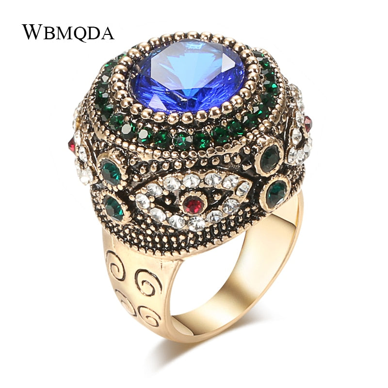 Luxury Dubai Gold Big Blue Stone Ring Mosaic Colorful Crystal Crown Wedding Rings For Women Vintage Boho Statement Jewelry