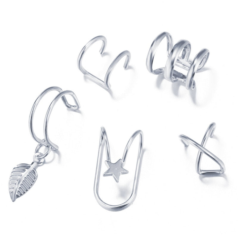 7pcs Fashion Star Leaves Non-Piercing Ear Clip Earrings For Women Simple Fake Cartilage Ear Cuff Jewelry Clip Accessories