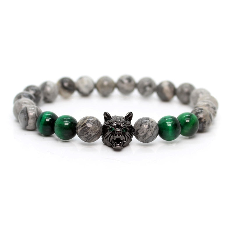 Mens Jewellery Wolf Bracelet Bracelets For Men Green Tiger Stone Armband Lava Stone Friendship Gifts Women Handmade Beads Charm