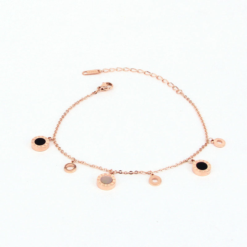 Delicate Hang Three Circle And Three Roman Numeral Black And White Shell Anklet For Women Stainless Steel Rose Gold Color Anklet