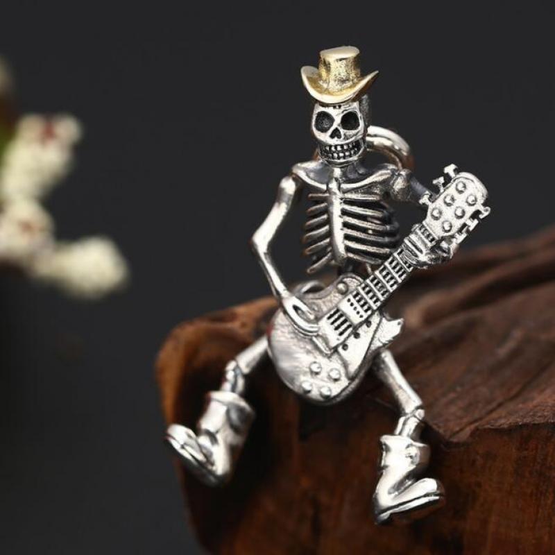 Classic Vintage Skull Skeleton Guitar Player Pendant Necklace Punk Rock Street Accessories Jewelry Gift