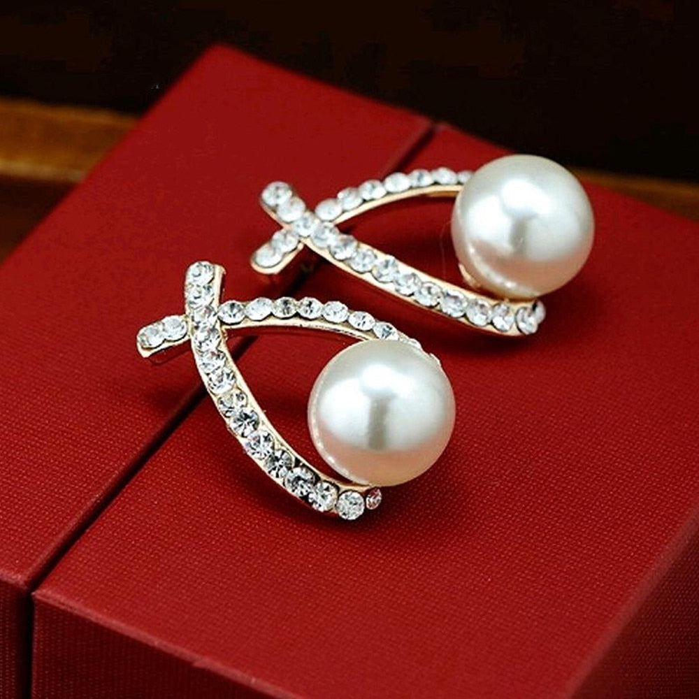 New Fashion Gold Silver Color Cross Crystal Stud Earrings for Women Elegant Cute Pearl Earrings Brincos Jewelry Wholesale
