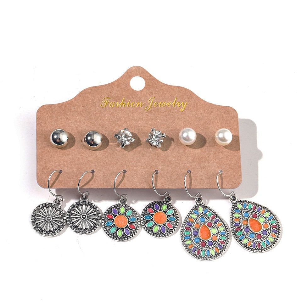 Bohemia Bride Earrings Set Vintage Ethnic Long Round Leaf Tassel Wedding Water Drop Earrings for Women Girls Statement Jewelry