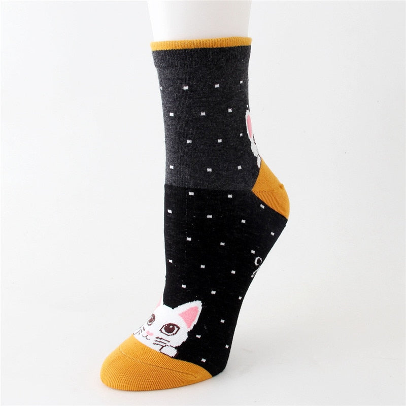 Kawaii Cute Women Striped Cartoon Socks Ladies Female Colorful Korean Style Cat Face Funny Animal Cotton Sock