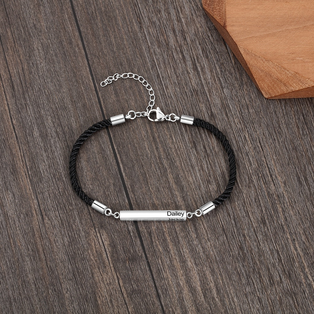 Customized Engraved 2 Names Bar Bracelets for Men Women Personalized Stainless Steel Adjustable Rope Bracelet Fashion Jewelry