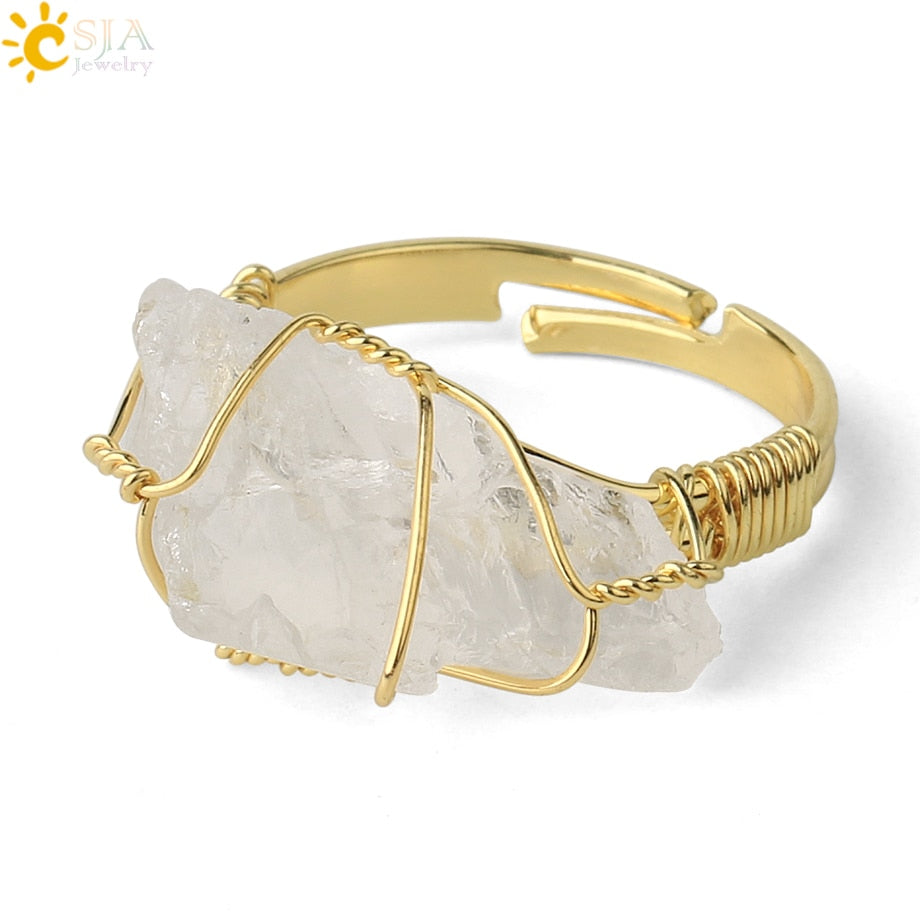 CSJA Natural Crystal Stone Rings Irregular Wire Wrap Women Men Healing Amethysts Fluorite Gold-color Resizable Quartz Ring G339