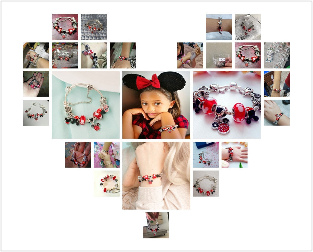 Classic Design Red Crystal Mickey Minnie Pendant Bead Bracelet Silver Color Heart Charm Jewelry Bracelet Pulsera Mujer