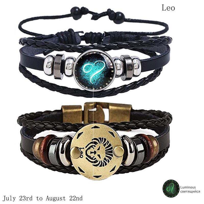 2pcs 12 Constellation Bracelet  Zodiac Sign Black Braided Leather Bangle Aries Leo Libra Luminous Dome Jewelry Punk Men Bracelet