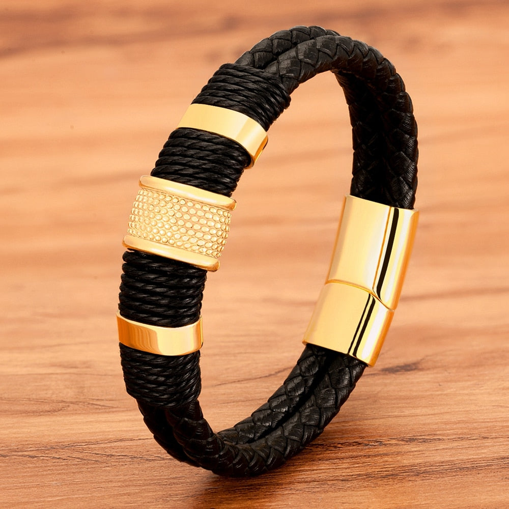 Women Leather Rope Wrap Special Style Classic Stainless Steel Men Leather Bracelet Double-layer Design DIY Customization