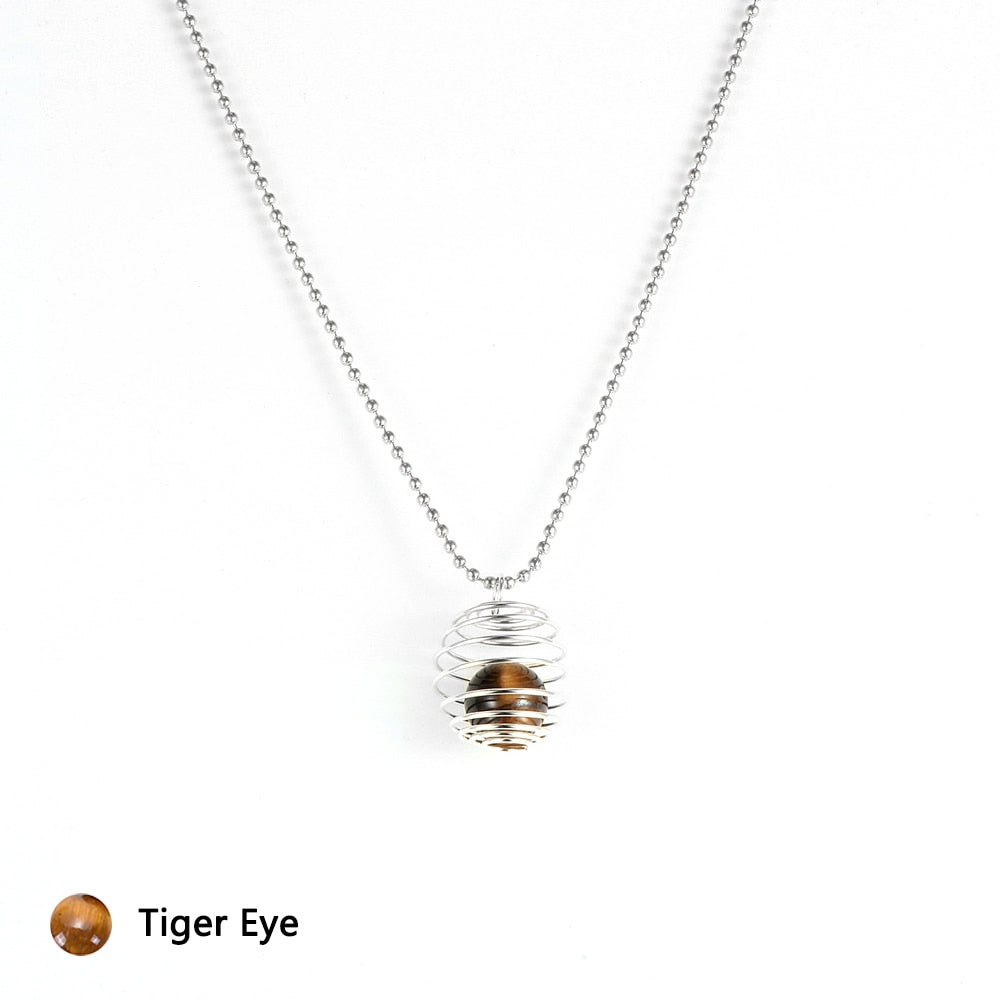Women Men Natural Stone Hollow Spring Pendant Necklace Lave Rock Obsidian Tiger Eye Hematite Pendulum Hold Essential Oil Jewelry