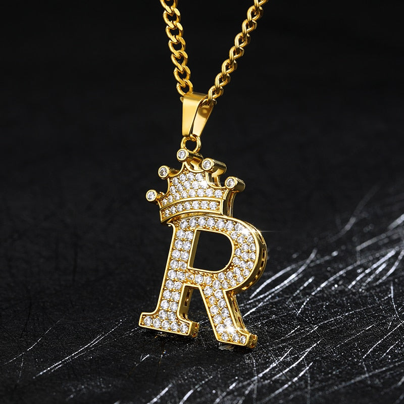 Crystal Crown Letter Men Rap Pendant Zircon Alphabet Necklaces For Women Neck Choker Necklace Hip Hop Jewelry Femme Gift