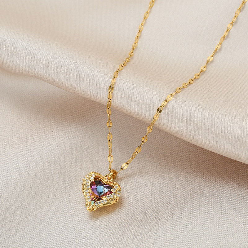 Luxury Zircon Crystal Ocean Heart Pendant Necklace For Women Fashion Stainless Steel Jewelry Female Wedding Neck