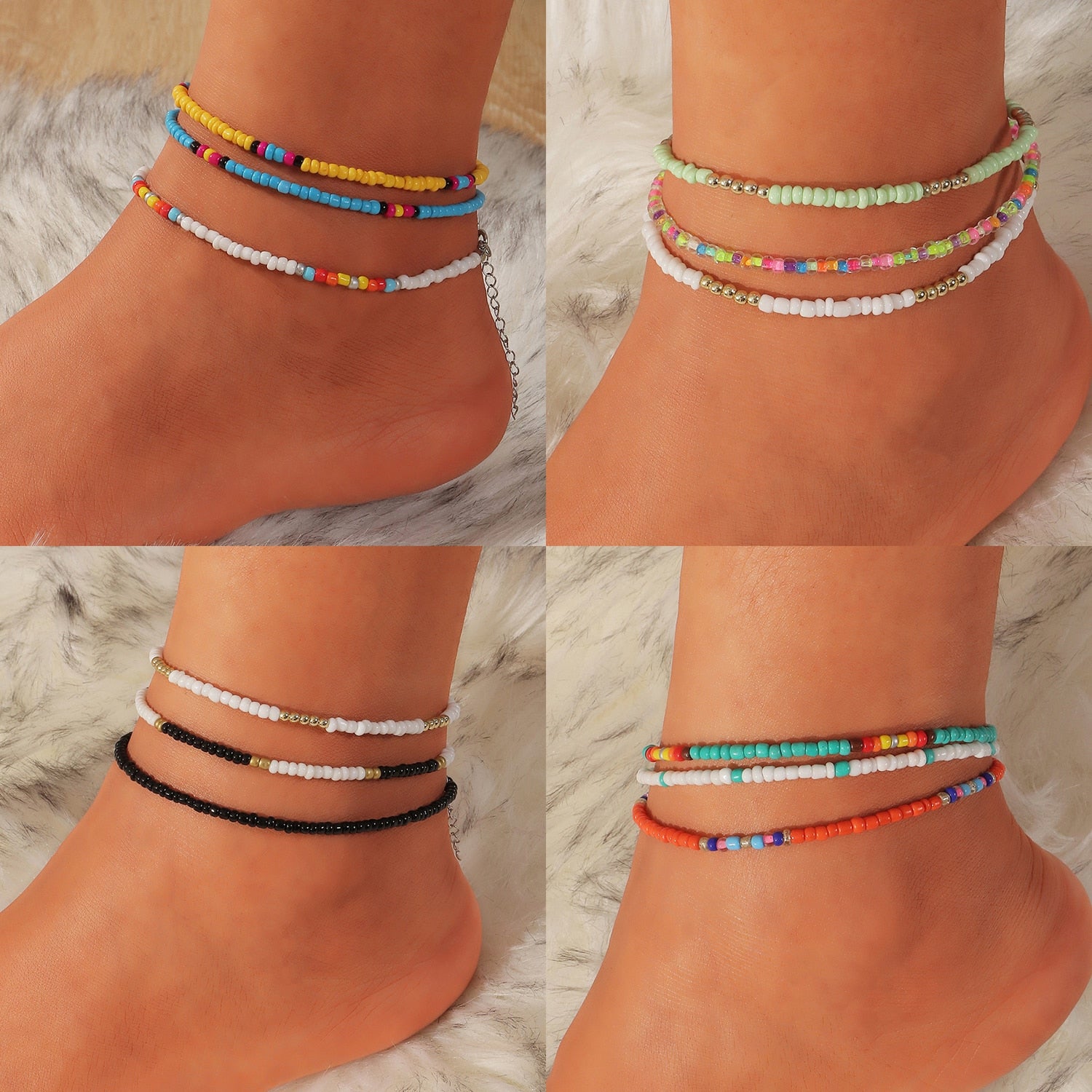 3pcs/set Bohemian Colorful Beaded Beads Anklets For Women Summer Ocean Beach Handmade Ankle Bracelet Foot Leg Beach Jewelry Gift