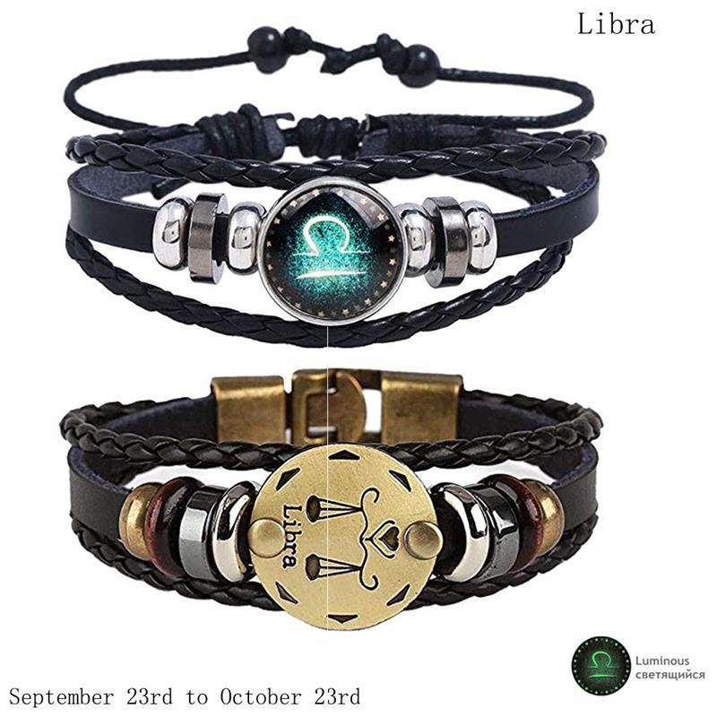 2pcs 12 Constellation Bracelet  Zodiac Sign Black Braided Leather Bangle Aries Leo Libra Luminous Dome Jewelry Punk Men Bracelet