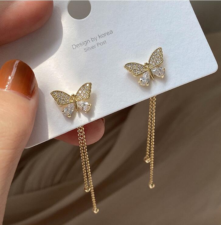 Long Earrings Women Bow Tassel Earing Front and Back Crystal Bowknot Drop Female Temperament  Butterfly Earrings