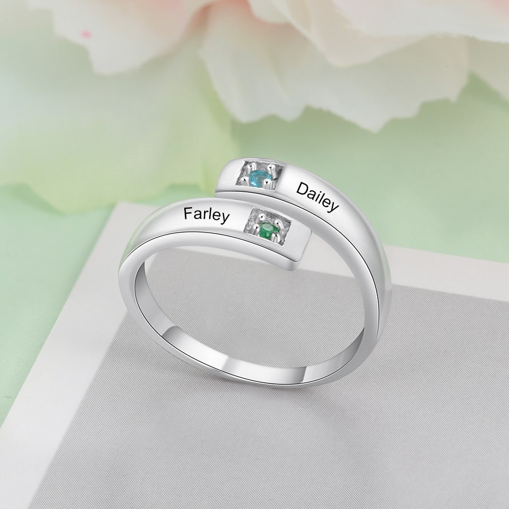 Personalized Women Rings with Birthstone Custom 2 Names Engraved Adjustable Promise Rings for Couples Jewelry