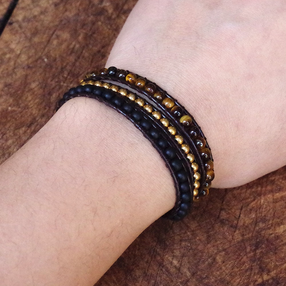 DIY Handmade Jewelry for Women Men Multilayer Leather Bracelet Natural Stone 4mm Tiger Eye Stone Beads Wrap Bracelet