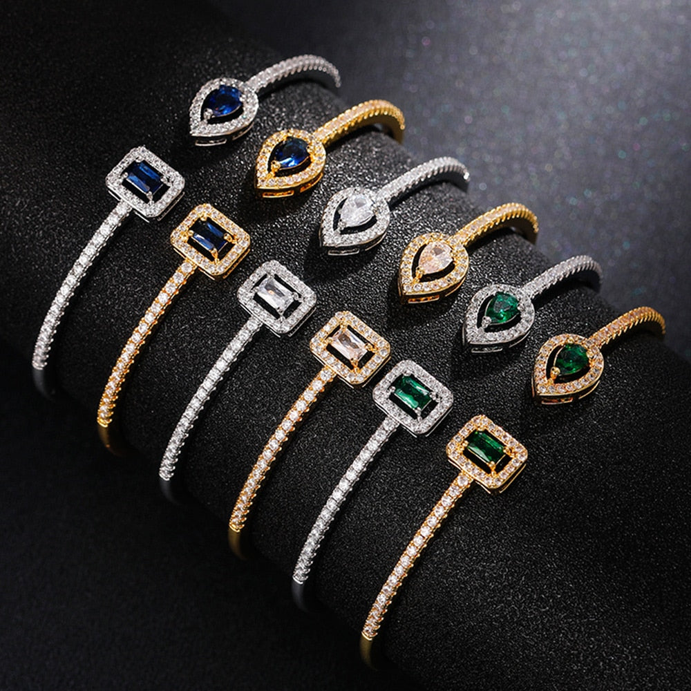 Huitan Luxury Green, White, Blue Cubic Zirconia Cuff Bracelet Bangle for Women Good Quality Female Hand Jewelry