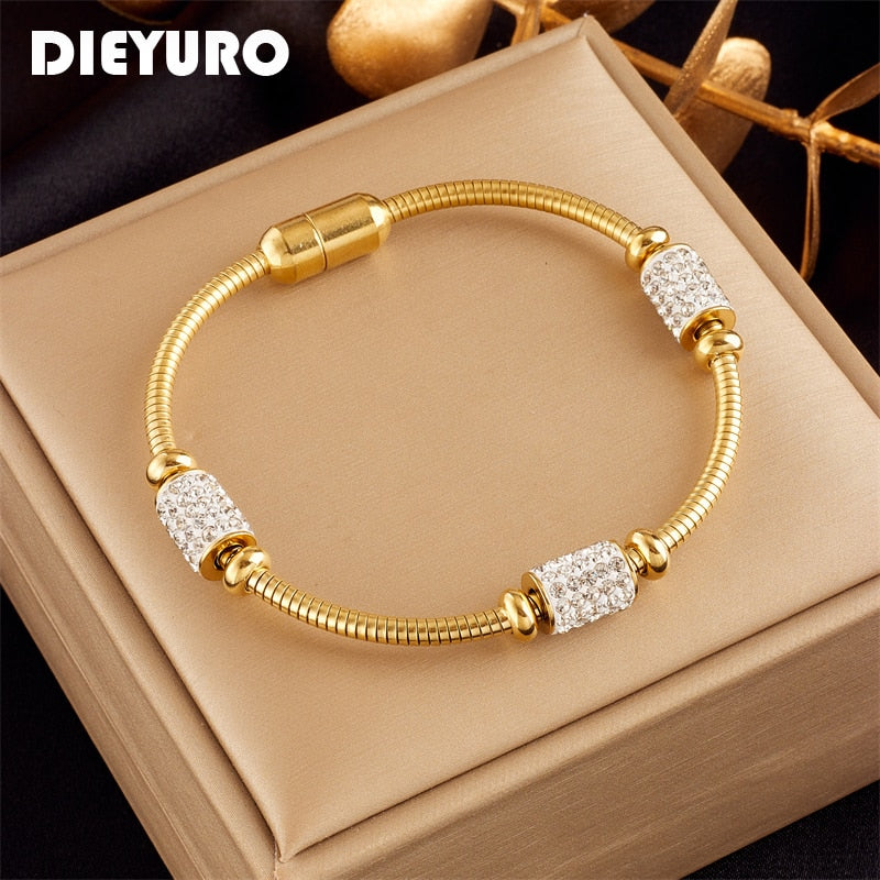 Stainless Steel Gold Color Zirconia Beaded Bracelet For Women Fashion Girls Magnet Clasp Snake Jewelry Gifts
