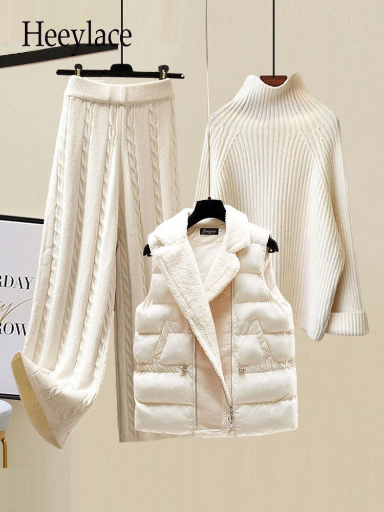Winter Warm 3 Piece Sets Womens Outfits Office Ladies Turtleneck Knitted Sweater+woolen Parkas Vest+wide Leg Knitting Pants Sets