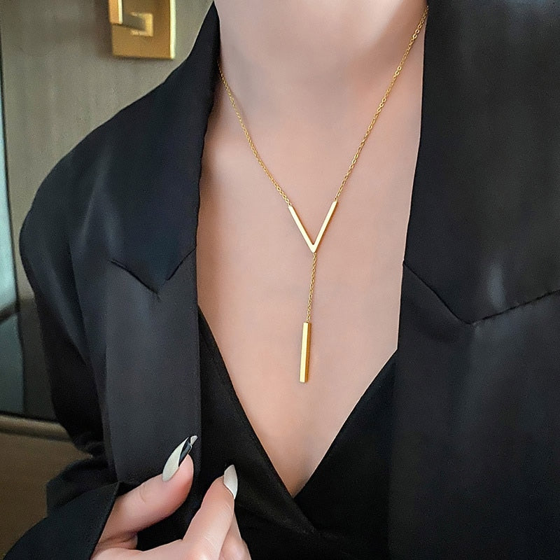Stainless steel V-shaped long sexy Clavicle Necklace Ladies and girls stainless steel Gold colour Necklace  Party jewelry