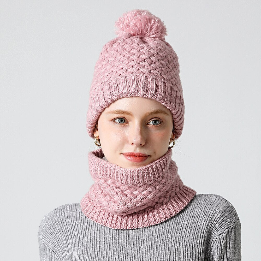 Women Winter Solid Knitted Scarf Set Snood Neck Beanie Hat Easy Scarves Cashmere Warm Fur Cap Wool Collars Scarfs for Kid Men