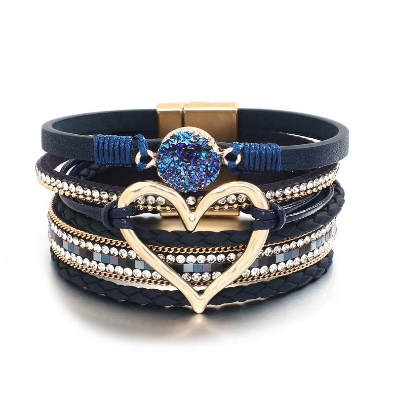 Amorcome Fashion Braided Leather Wrap Bracelets Bangles Multilayer Resin Stone Hollow Heart Charm Bracelets Women Gift