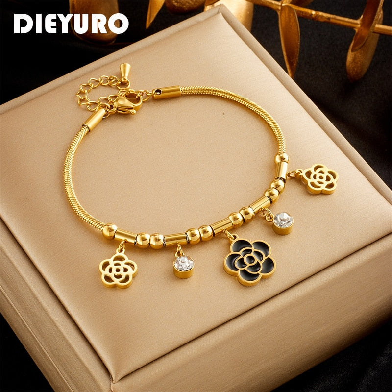 Stainless Steel Flower Zircon Charm Bracelet For Women New Vintage Gold Color Wrist Jewelry Birthday Gifts