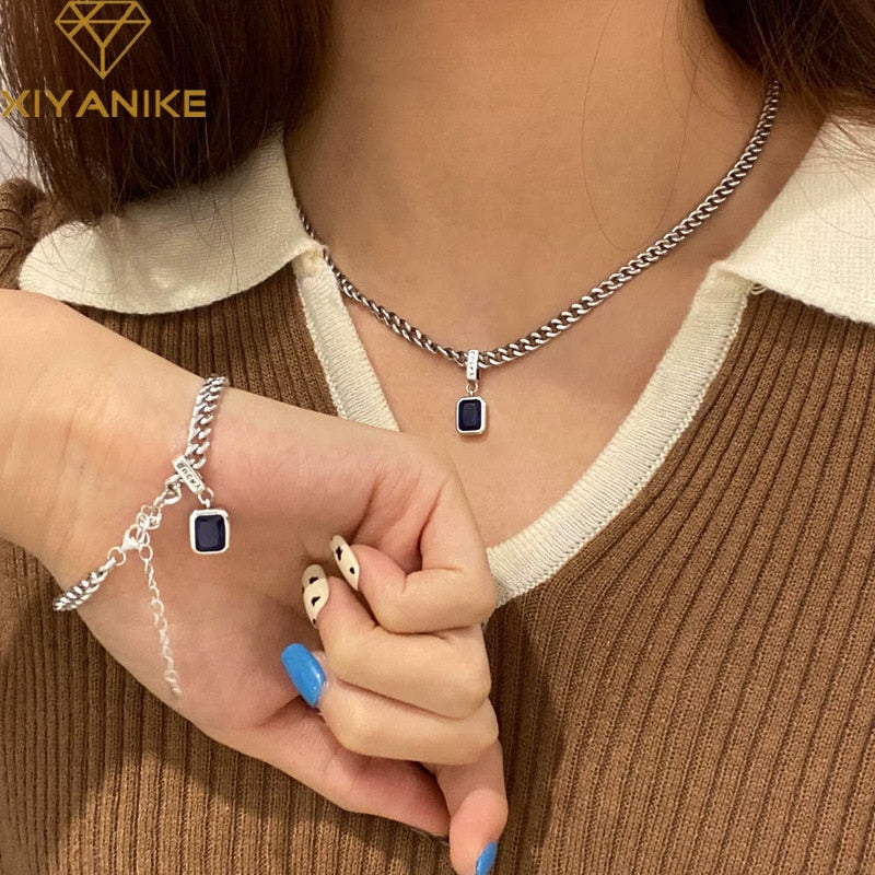 New Vintage Blue Zircon Necklace Bracelet Set for Women Luxury Sexy Fashion Trendy Jewelry Girls Gift Party