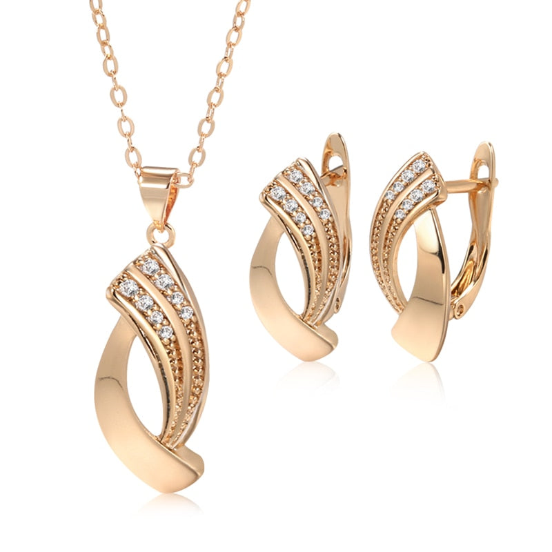 Kinel Hot Trend Glossy Dangle Earrings Necklace Sets 585 Rose Gold Simple Geometry Natural Zircon Women Daily Fine Jewelry Sets