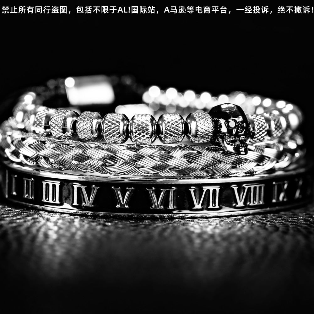 Luxury 3pcs/Set Skull Charm Black Bracelet Stainless Steel  Men Enamel Roman Number Bangles  Europe Fashion Couple Jewelry