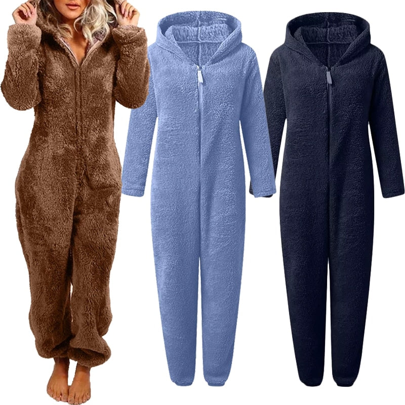 Zipper Onesies Fluffy Fleece Jumpsuits Sleepwear Kigurumi Unicorn Overall Plus Size Hood Pajamas For Women Winter Warm